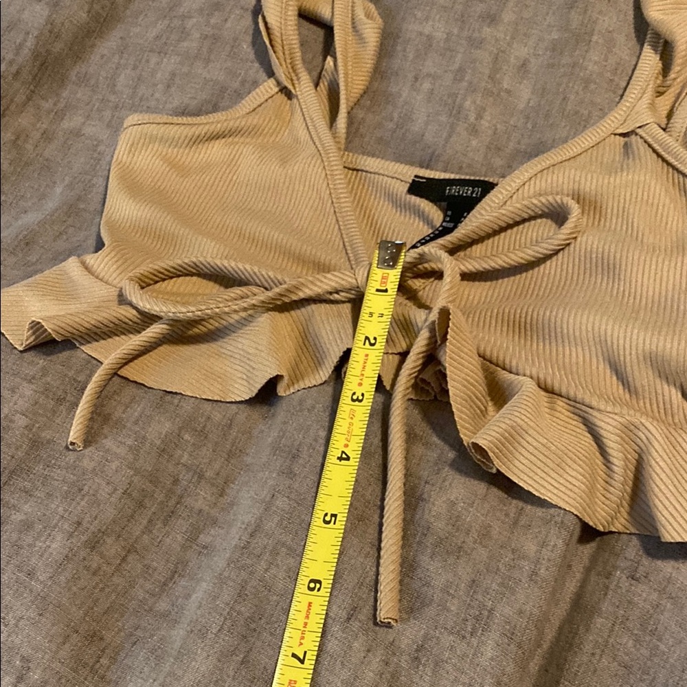 Tan Ribbed Crop Top with Ruffle Sleeves - Picture 9 of 11